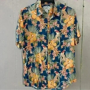 Margaritaville Men’s Size Large Floral Button Up Hawaiian Shirt Hibiscus Parrot